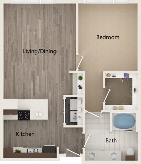 A diagram of a small apartment with a living/dining area, kitchen, bathroom, and bedroom.